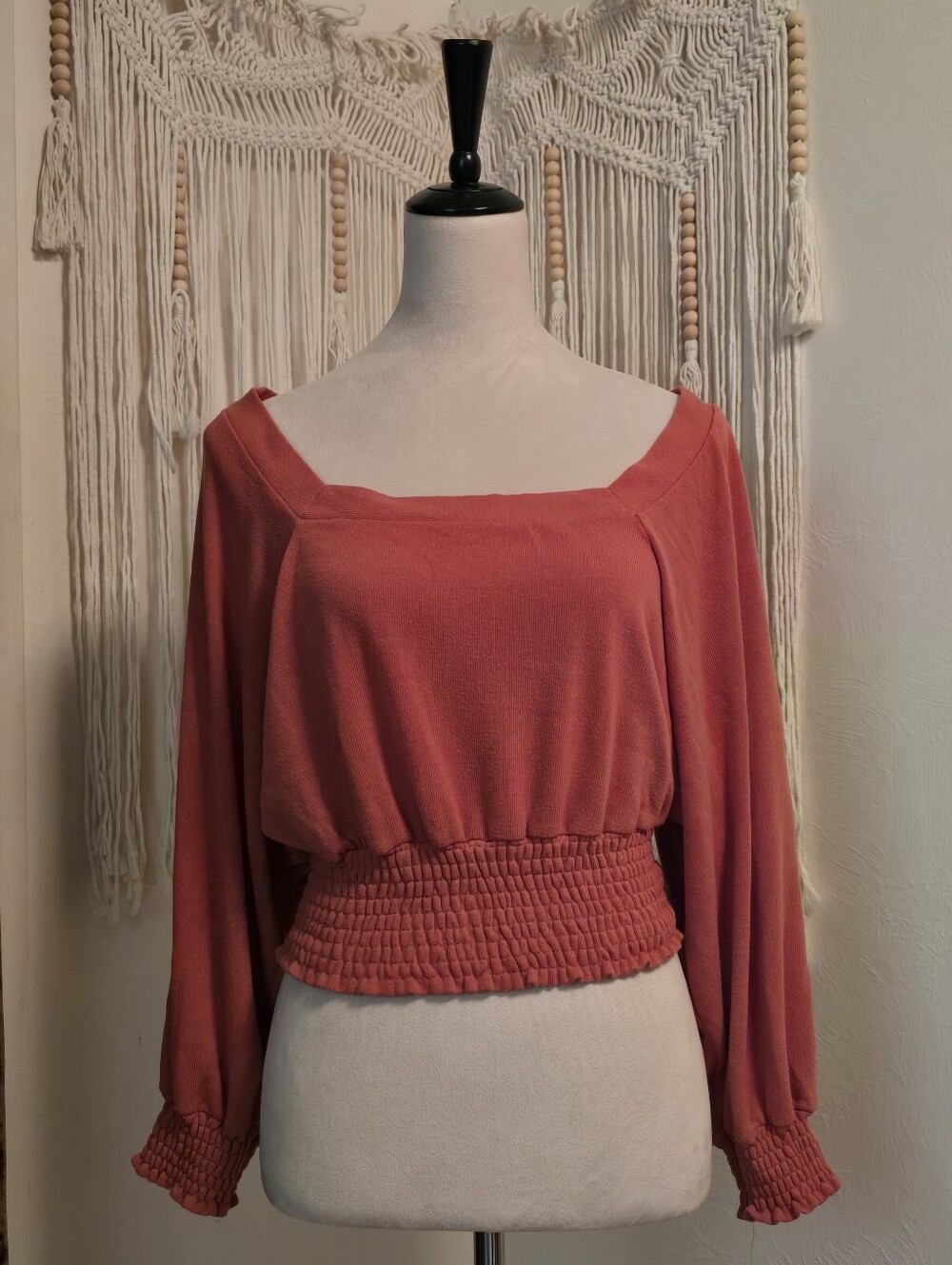 Free People Orange Smocked Waist Square-Neck Long Sleeve Top